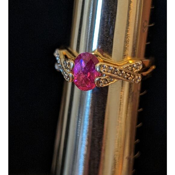 14K Gold Natural Pink Tourmaline & Diamond Criss Cross Band Ring Size 9.5 - Picture 14 of 15